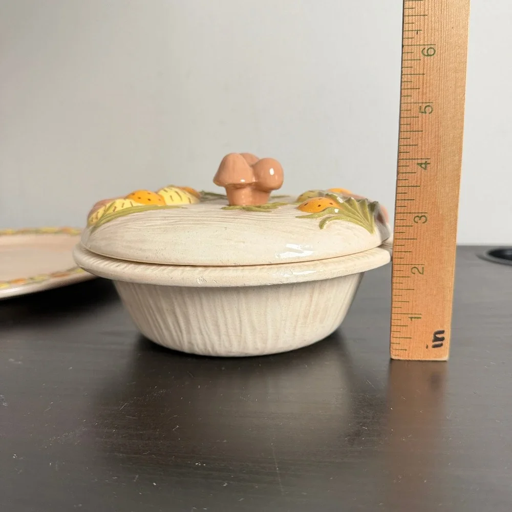 Vintage Ceramic Mushroom Casserole Dish with Lid and Plate 3 Piece Set